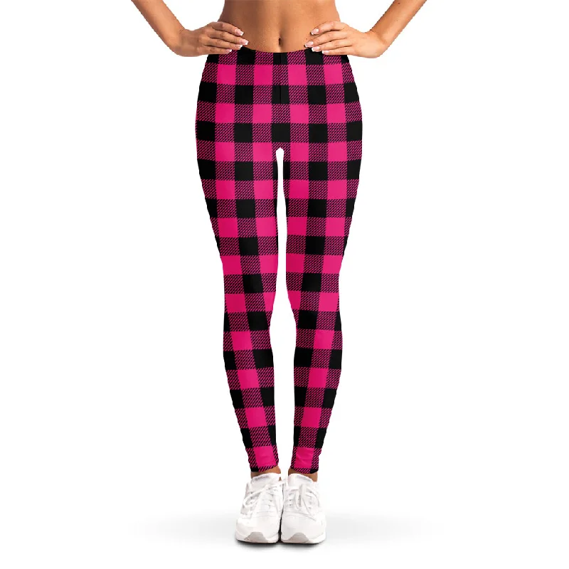 Pink And Black Buffalo Plaid Print Women's Leggings Trendy Adjustable Waist Leggings