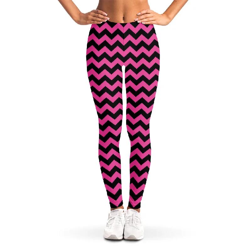 Pink And Black Chevron Pattern Print Women's Leggings Cozy Workout Performance Leggings