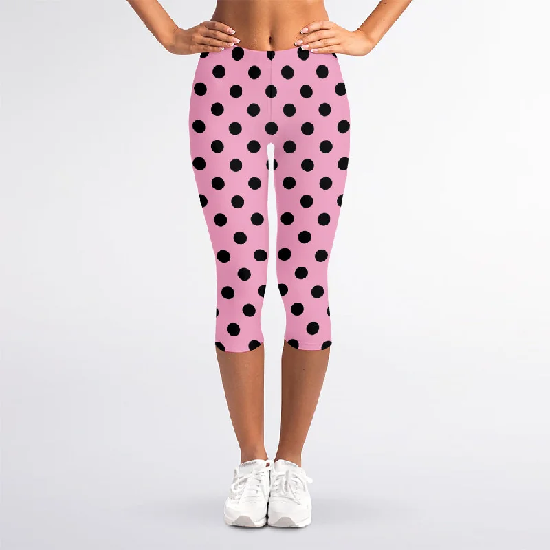 Pink And Black Polka Dot Pattern Print Women's Capri Leggings Elegant Textured Leggings