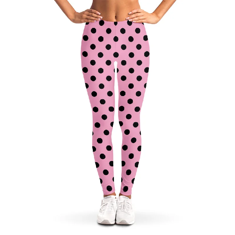 Pink And Black Polka Dot Pattern Print Women's Leggings Trendy High-Waist Tummy Control Leggings