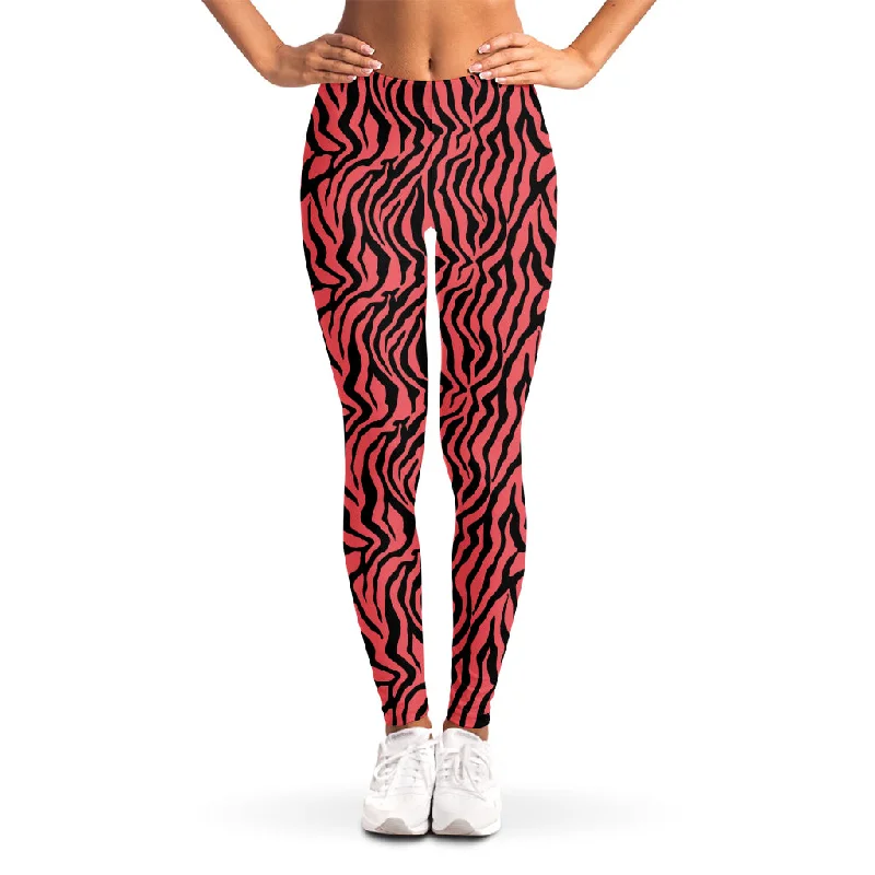 Pink And Black Tiger Stripe Print Women's Leggings Comfortable Running Leggings