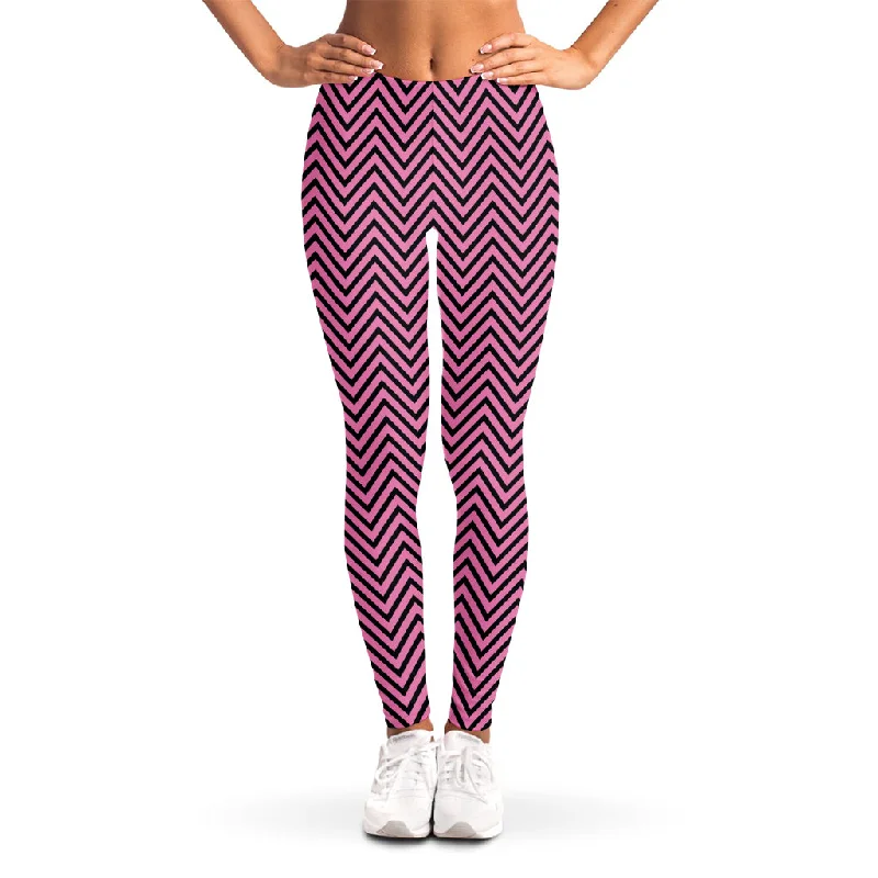 Pink And Black Zigzag Pattern Print Women's Leggings Cozy Reflective Detail Leggings