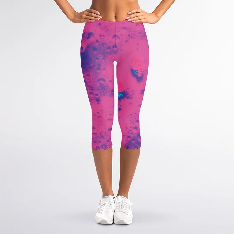 Pink And Blue Acid Melt Print Women's Capri Leggings Elegant Embellished Leggings