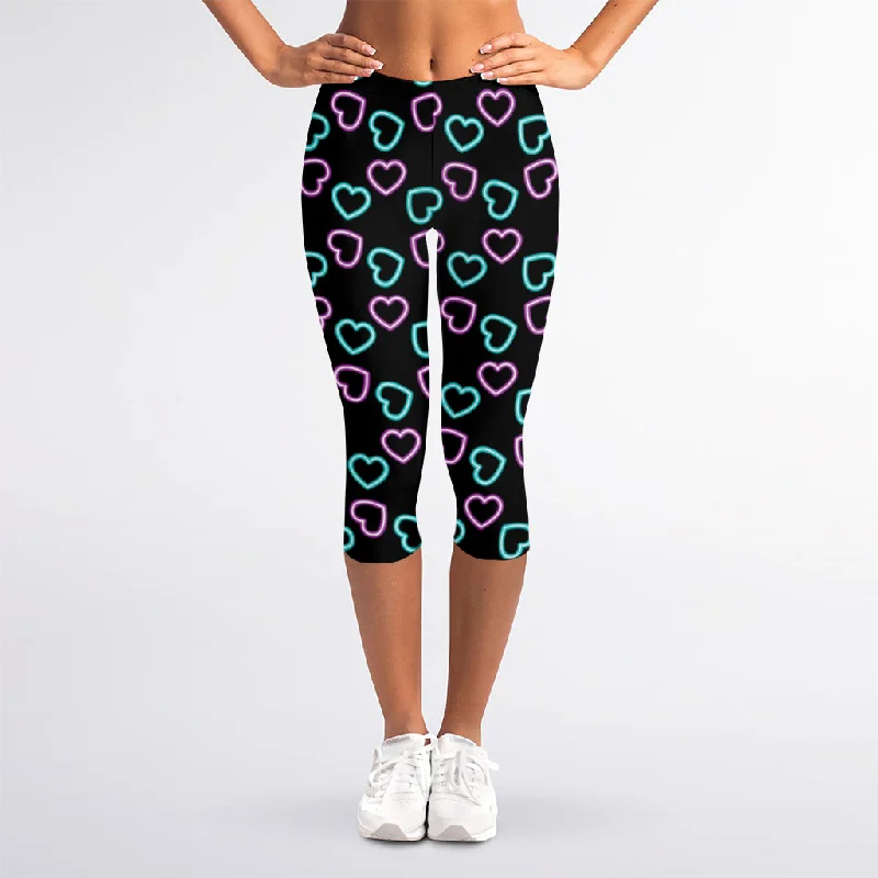 Pink And Blue Lights Heart Pattern Print Women's Capri Leggings Comfortable Ribbed Waistband Leggings