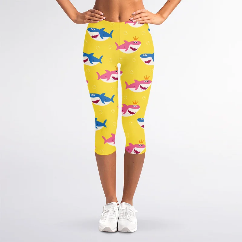 Pink And Blue Shark Pattern Print Women's Capri Leggings Fashionable Solid Color Tights