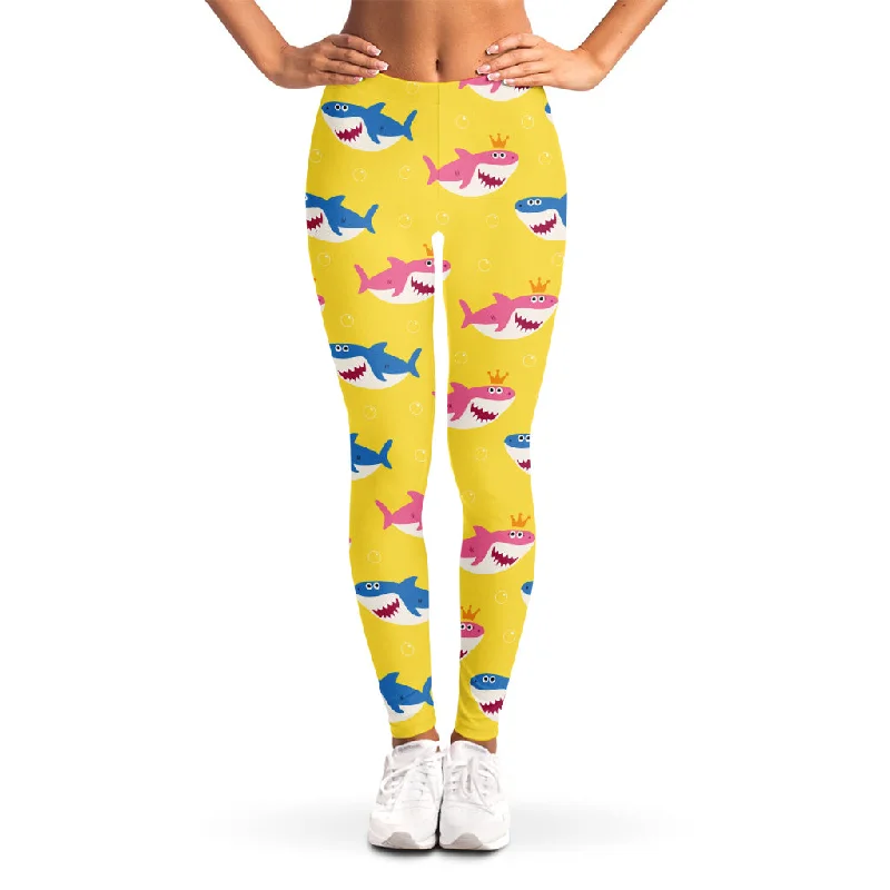 Pink And Blue Shark Pattern Print Women's Leggings Cozy Full-Length Workout Leggings