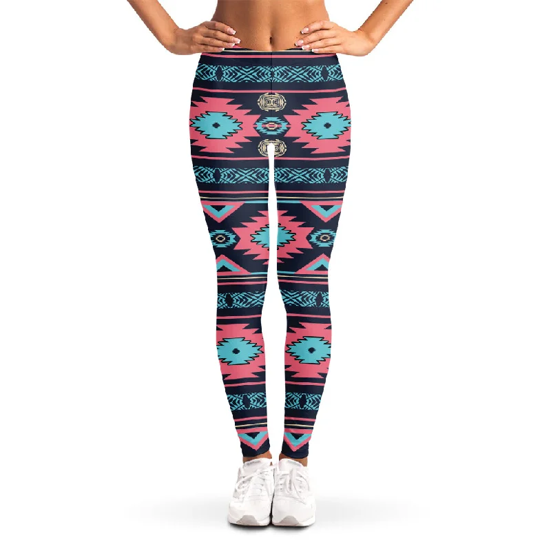 Pink And Blue Southwestern Pattern Print Women's Leggings Stylish Pockets Active Leggings