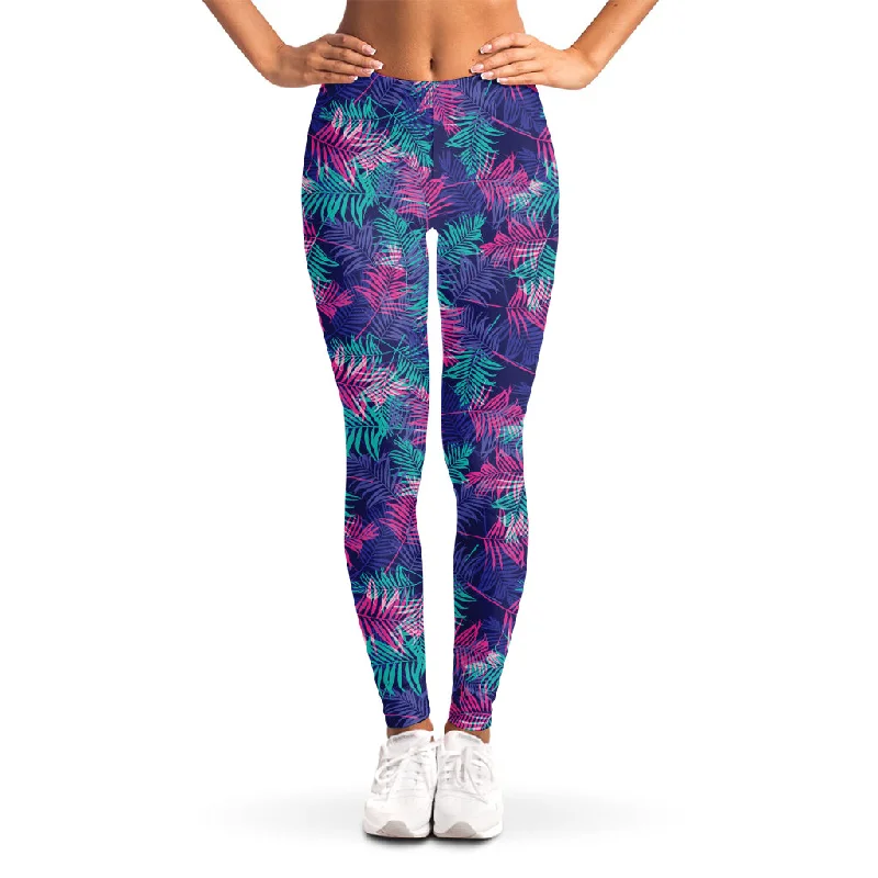 Pink And Blue Tropical Palm Leaf Print Women's Leggings Trendy Foil Finish Leggings