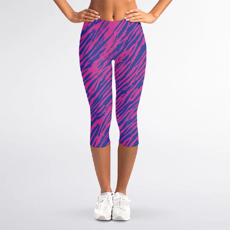 Pink And Blue Zebra Stripes Print Women's Capri Leggings Trendy Spandex Leggings