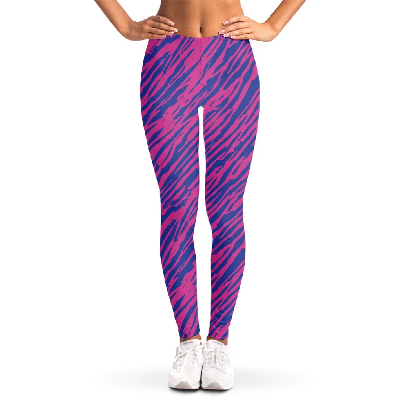 Pink And Blue Zebra Stripes Print Women's Leggings Comfortable Capri-Length Leggings