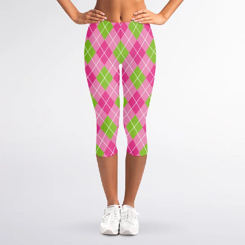 Pink And Green Argyle Pattern Print Women's Capri Leggings Trendy Polka Dot Leggings