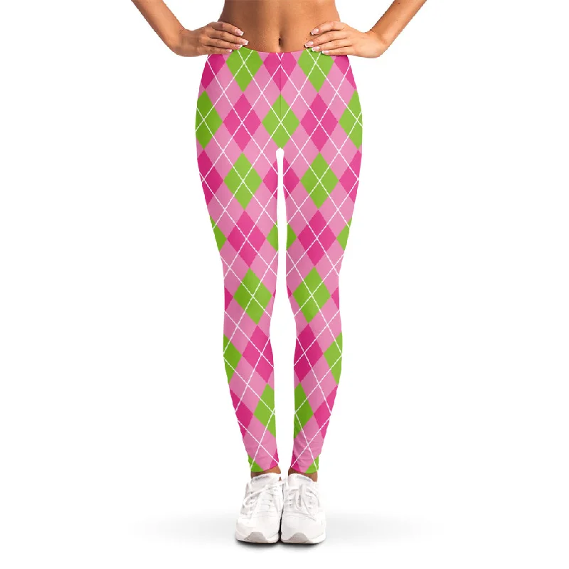 Pink And Green Argyle Pattern Print Women's Leggings Comfortable Yoga Tights Leggings