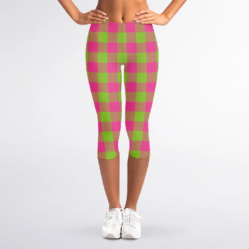 Pink And Green Buffalo Plaid Print Women's Capri Leggings Fashionable Quick-Dry Leggings