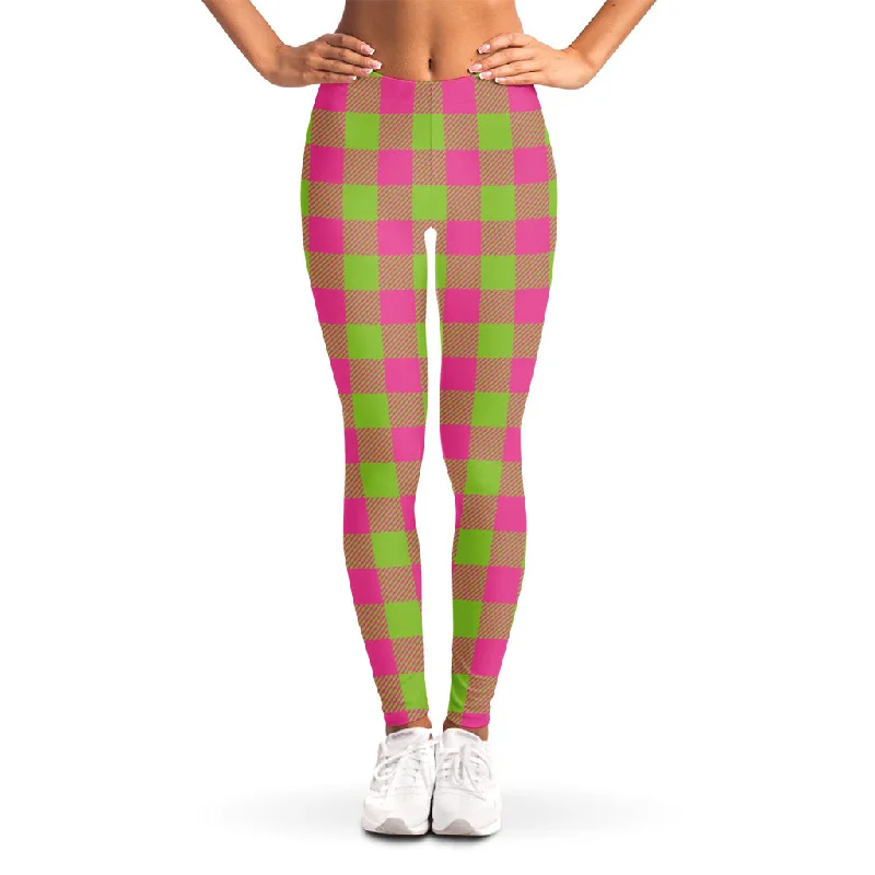 Pink And Green Buffalo Plaid Print Women's Leggings Stylish Camo Print Leggings