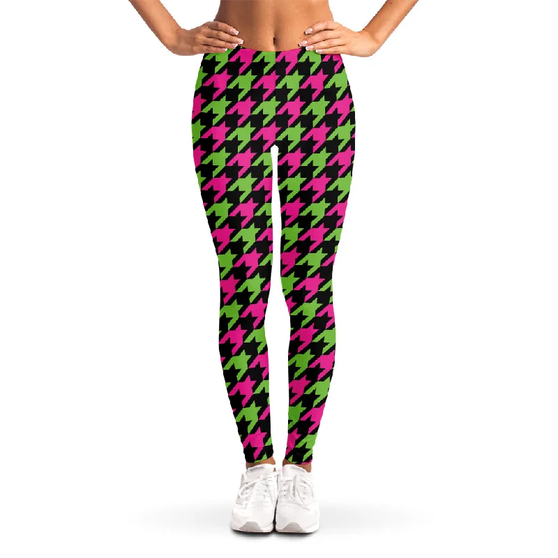 Pink And Green Houndstooth Pattern Print Women's Leggings Casual Black Leggings