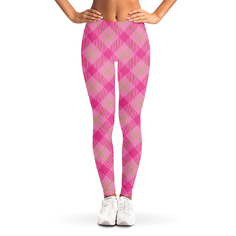 Pink And Green Plaid Pattern Print Women's Leggings Fashionable Sports Leggings