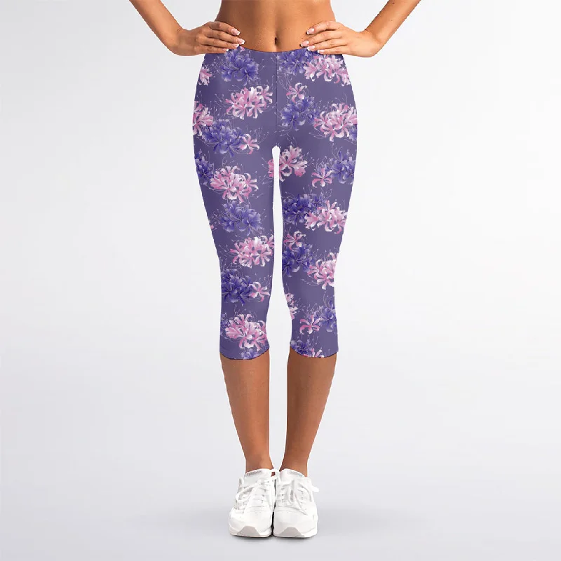 Pink And Purple Japanese Amaryllis Print Women's Capri Leggings Cozy Warmth Leggings