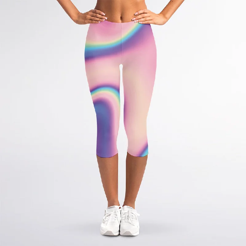 Pink And Teal Holographic Print Women's Capri Leggings Trendy Side-Pocket Leggings