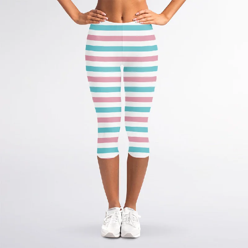 Pink And Teal Striped Pattern Print Women's Capri Leggings Trendy Color Block Leggings