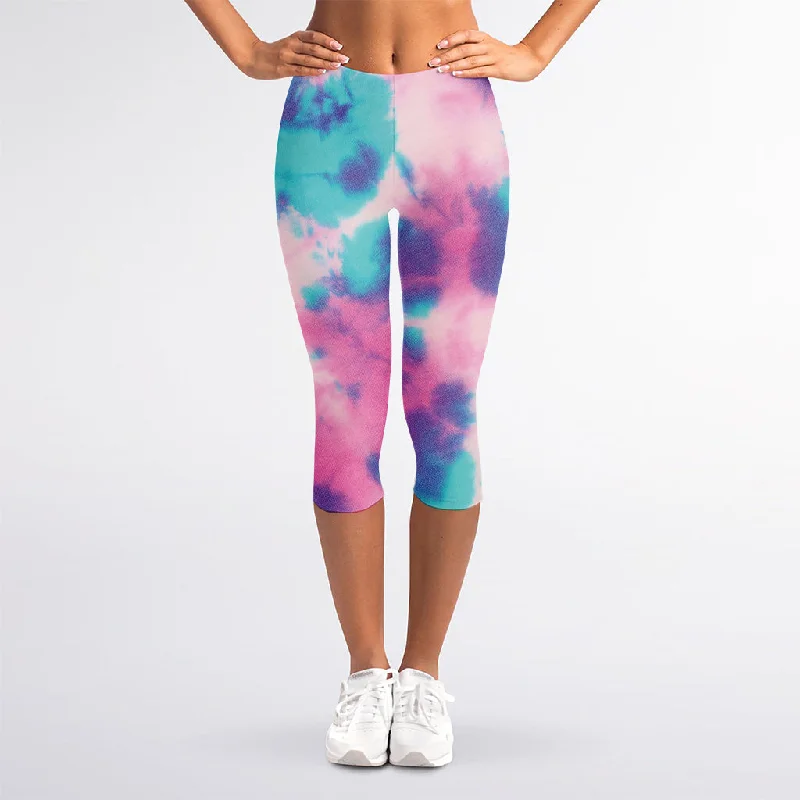 Pink And Teal Tie Dye Print Women's Capri Leggings Comfortable Lounge Leggings