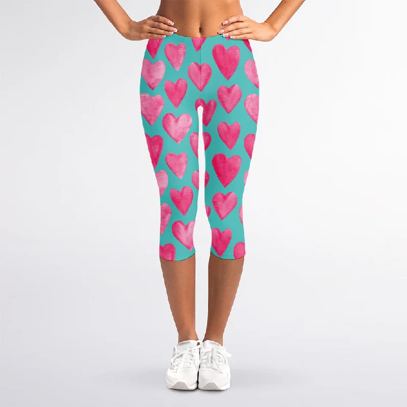 Pink And Teal Watercolor Heart Print Women's Capri Leggings Stylish Faux Leather Leggings