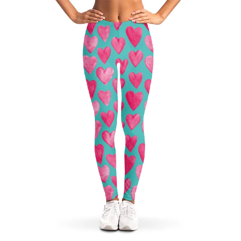 Pink And Teal Watercolor Heart Print Women's Leggings Cozy Ribbed Leggings