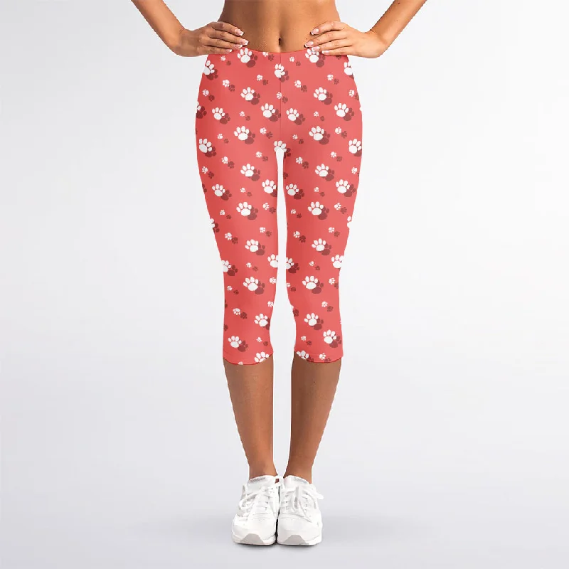 Pink And White Animal Paw Pattern Print Women's Capri Leggings Fashionable High-Rise Leggings