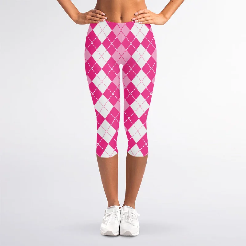 Pink And White Argyle Pattern Print Women's Capri Leggings Elegant Satin Finish Leggings