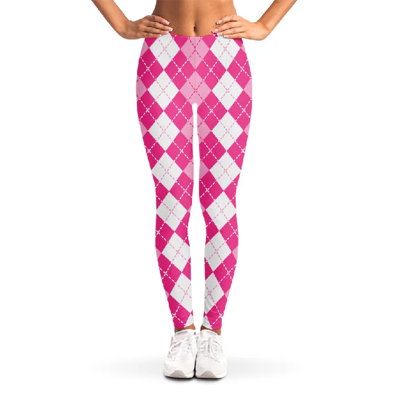 Pink And White Argyle Pattern Print Women's Leggings Trendy Activewear Leggings