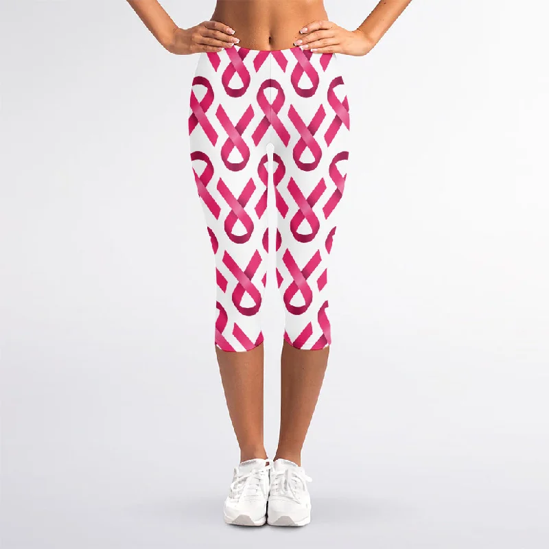 Pink And White Breast Cancer Print Women's Capri Leggings Stylish Patterned Active Leggings