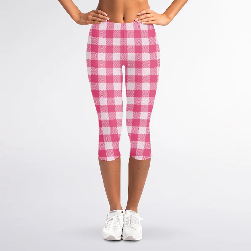 Pink And White Buffalo Check Print Women's Capri Leggings Fashionable Lacy Detail Leggings