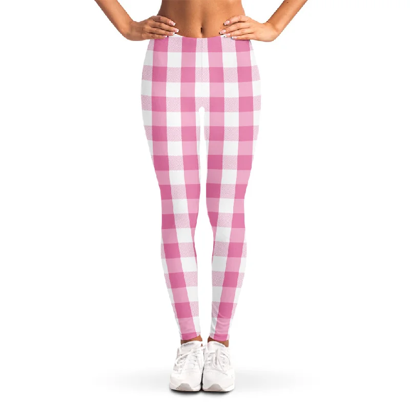 Pink And White Check Pattern Print Women's Leggings Trendy Full-Length Leggings