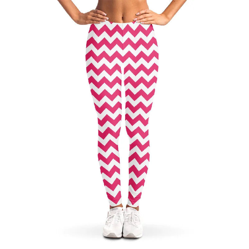 Pink And White Chevron Pattern Print Women's Leggings Comfortable Stretch Leggings