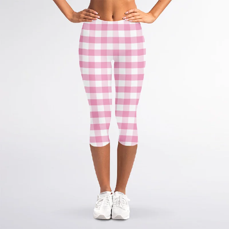 Pink And White Gingham Pattern Print Women's Capri Leggings Casual Slim-Fit Leggings