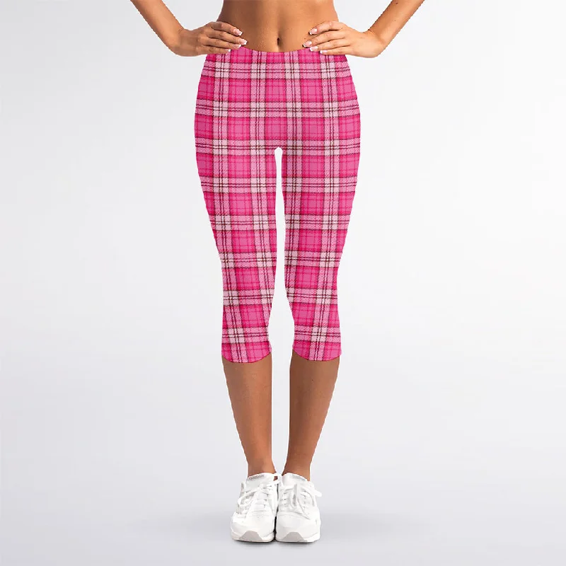 Pink And White Tartan Pattern Print Women's Capri Leggings Comfortable Fleece-Lined Leggings