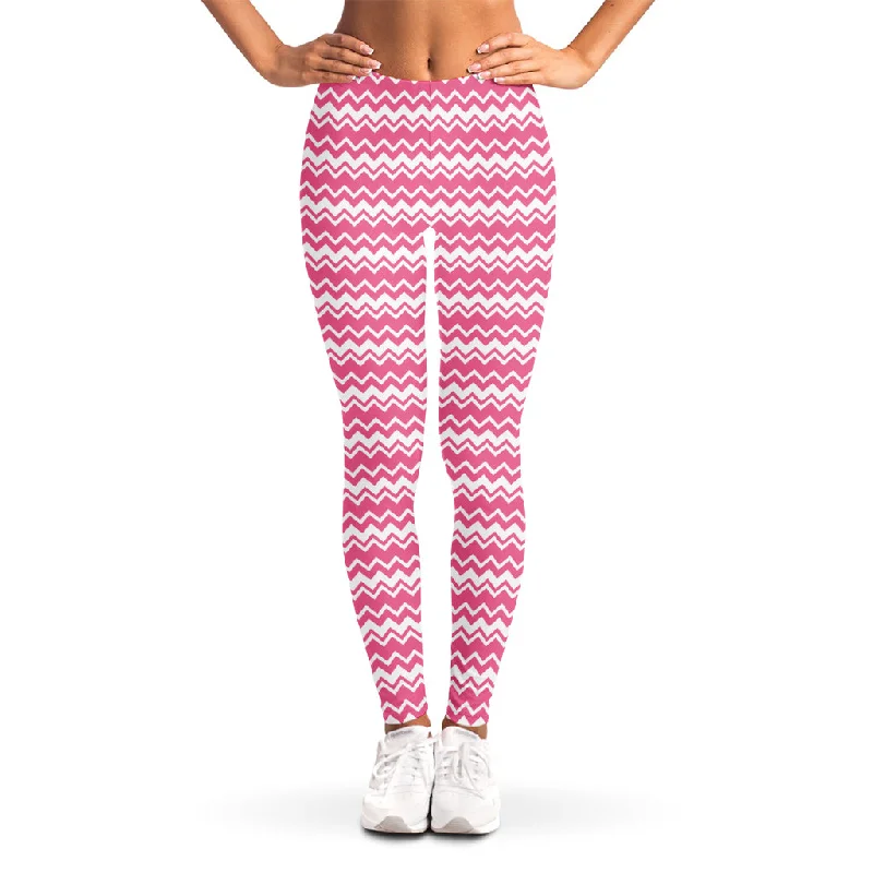 Pink And White Zigzag Pattern Print Women's Leggings Trendy Cut-Out Activewear Leggings