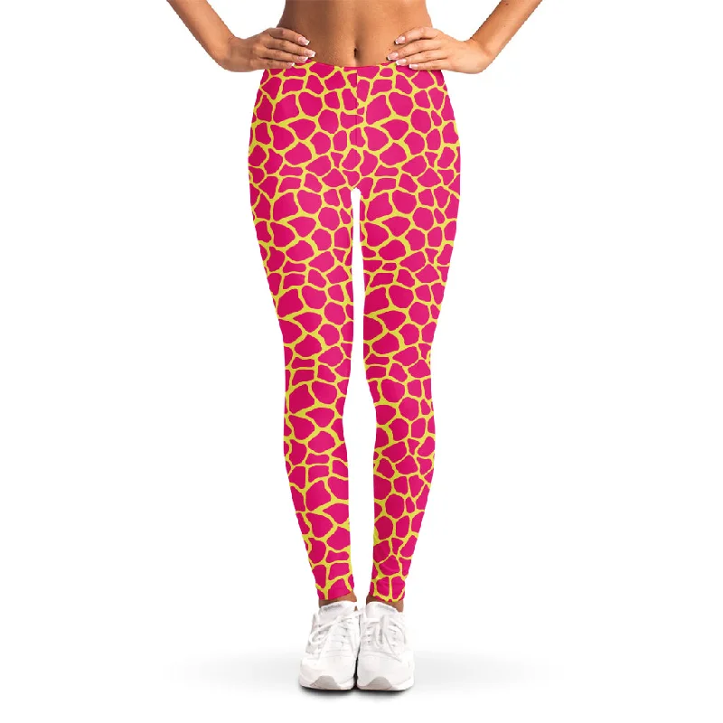 Pink And Yellow Giraffe Pattern Print Women's Leggings Cozy Mid-Rise Workout Leggings