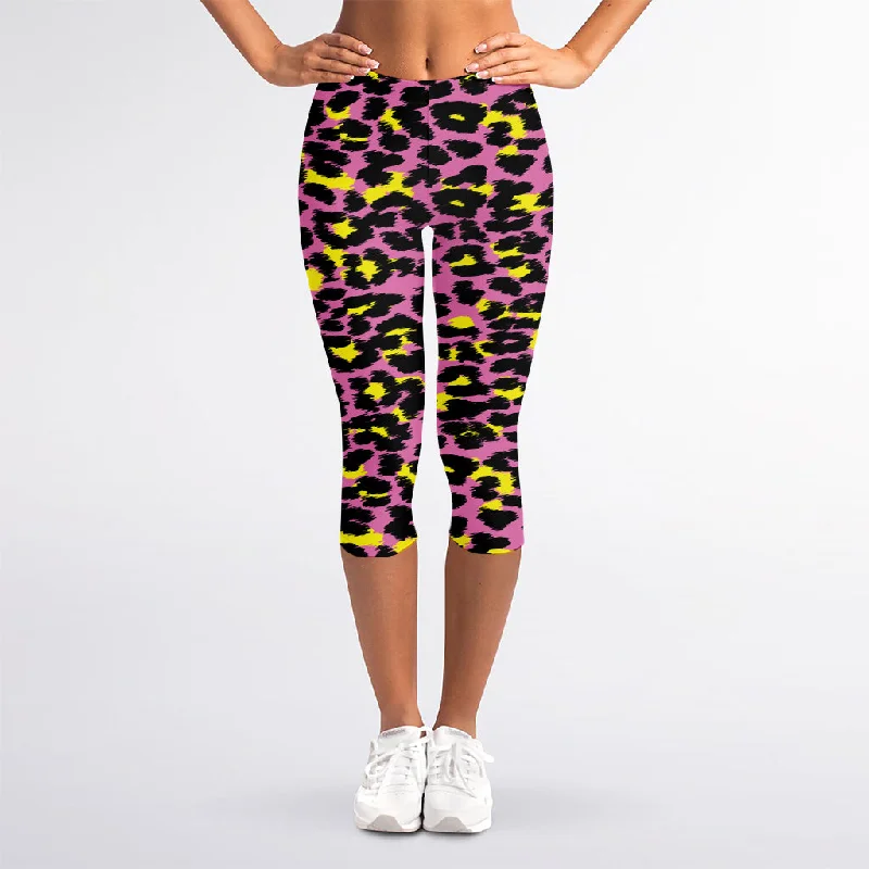 Pink And Yellow Leopard Print Women's Capri Leggings Stylish Yoga Leggings