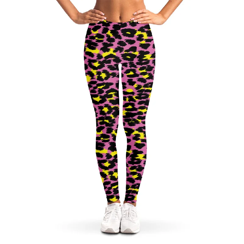 Pink And Yellow Leopard Print Women's Leggings Comfortable Slip-On Compression Leggings