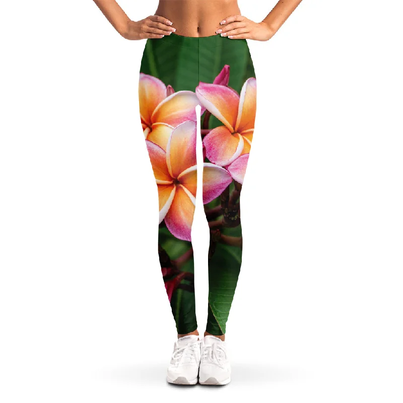 Pink And Yellow Plumeria Flower Print Women's Leggings Comfortable Sports Performance Tights