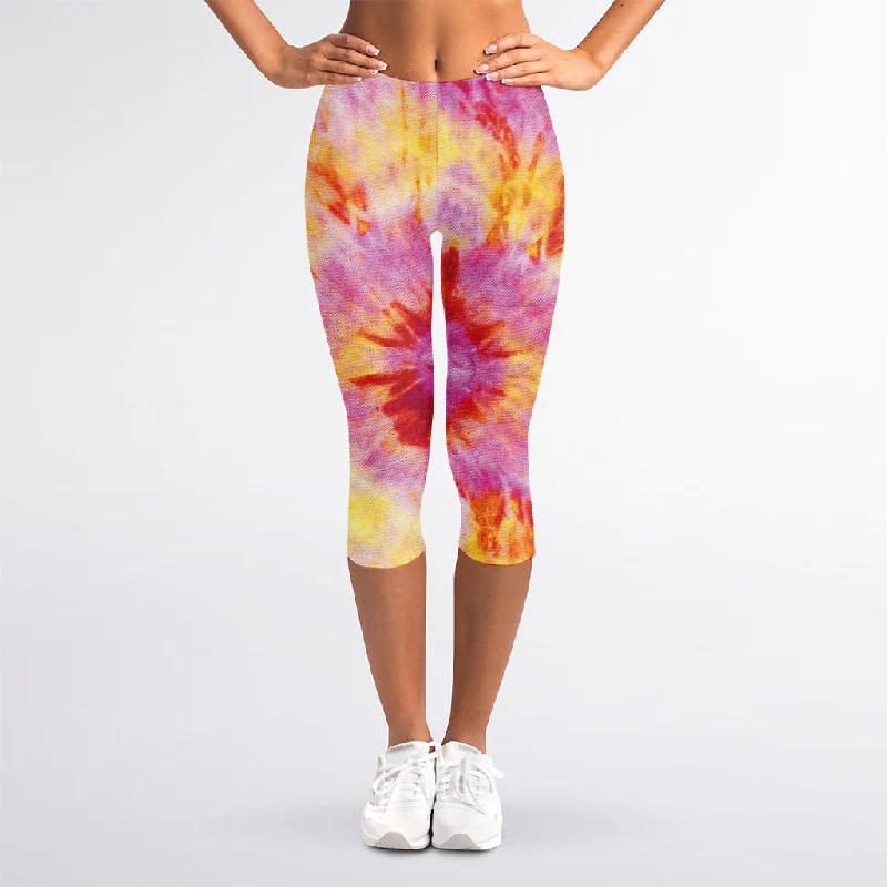 Pink And Yellow Tie Dye Print Women's Capri Leggings Fashionable Printed Leggings