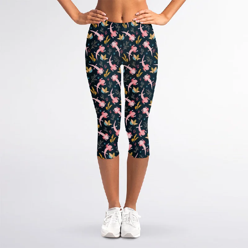 Pink Axolotl Pattern Print Women's Capri Leggings Elegant Black Leggings