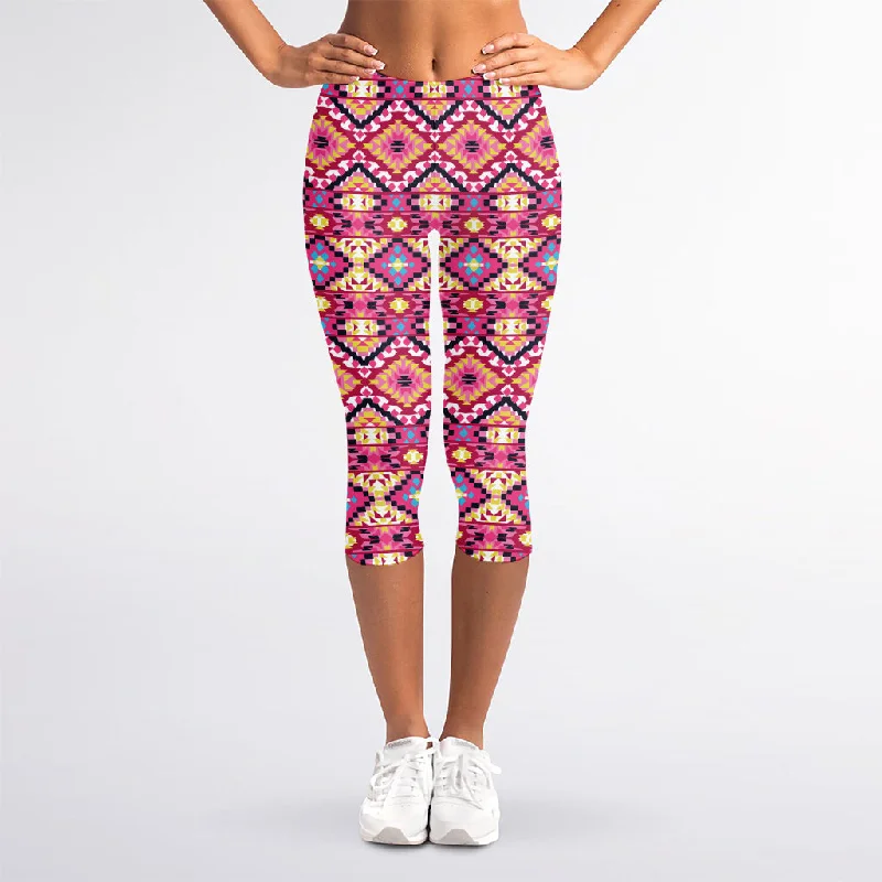 Pink Aztec Geometric Pattern Print Women's Capri Leggings Cozy Cotton Leggings