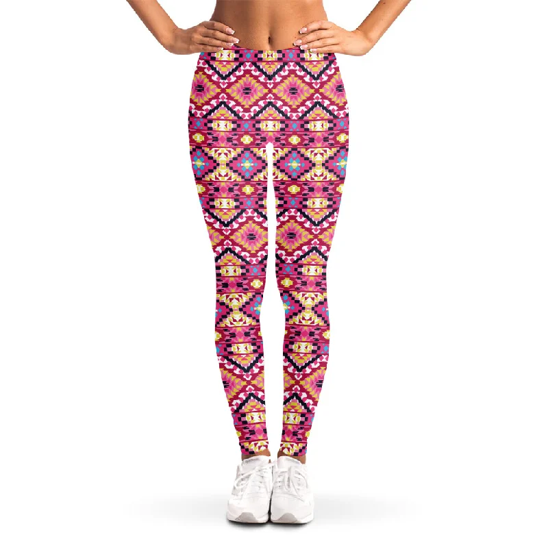 Pink Aztec Geometric Pattern Print Women's Leggings Fashionable Full-Length Active Leggings