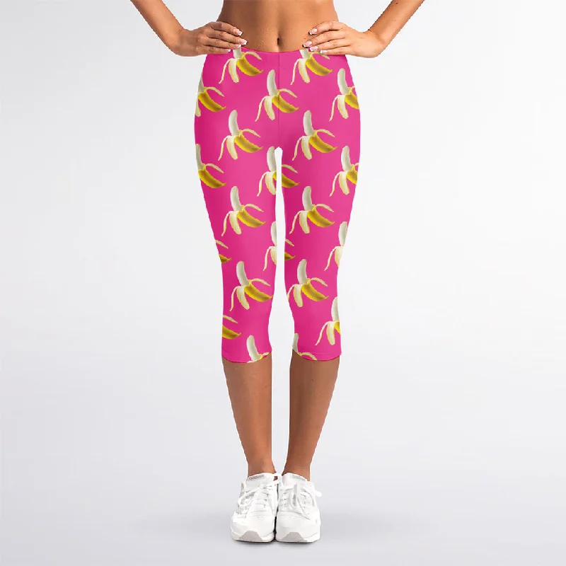 Pink Banana Pattern Print Women's Capri Leggings Stylish Printed Sport Leggings