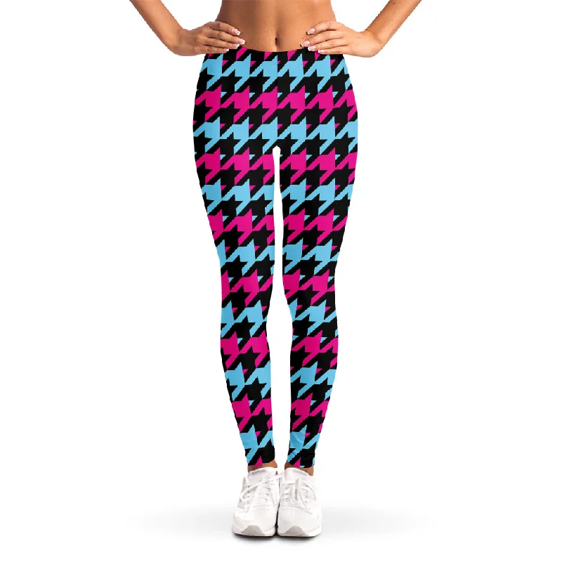 Pink Blue And Black Houndstooth Print Women's Leggings Trendy Sweat-Wicking Workout Leggings