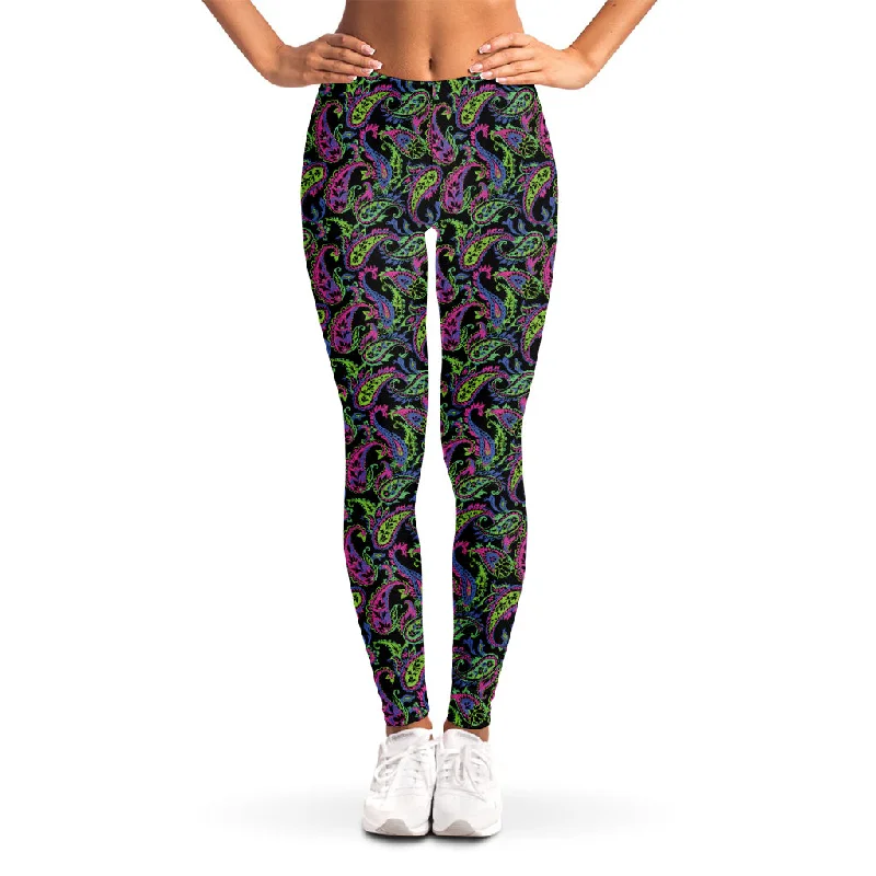 Pink Blue And Green Paisley Print Women's Leggings Trendy High-Compression Leggings