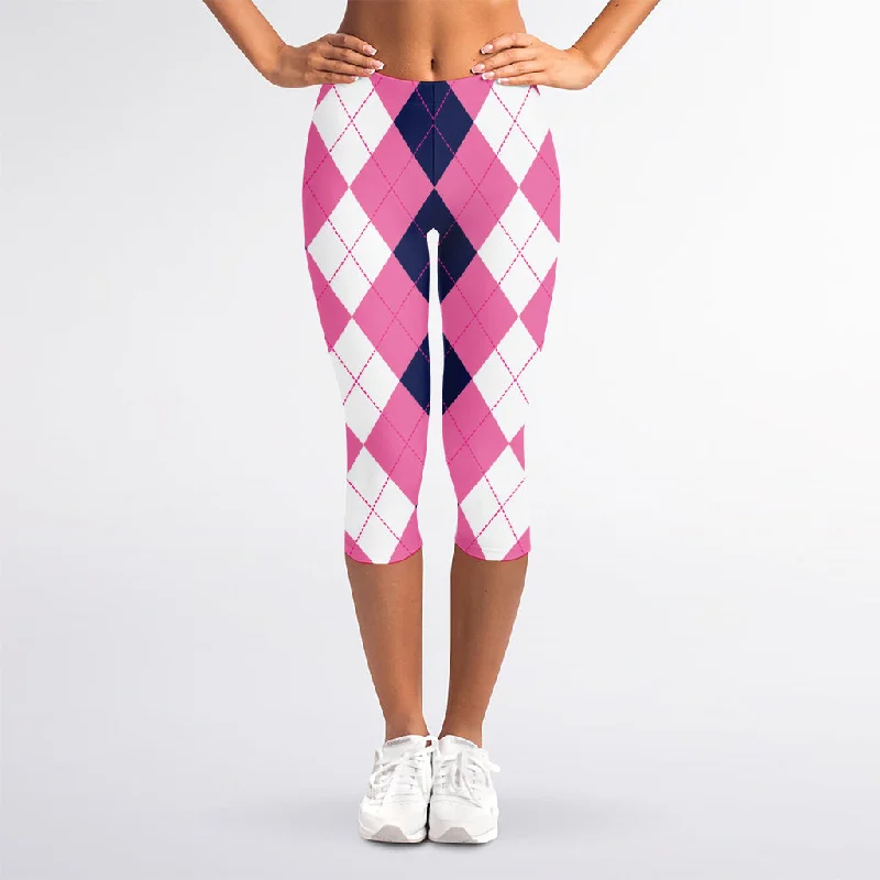 Pink Blue And White Argyle Pattern Print Women's Capri Leggings Trendy Leather-Look Workout Leggings