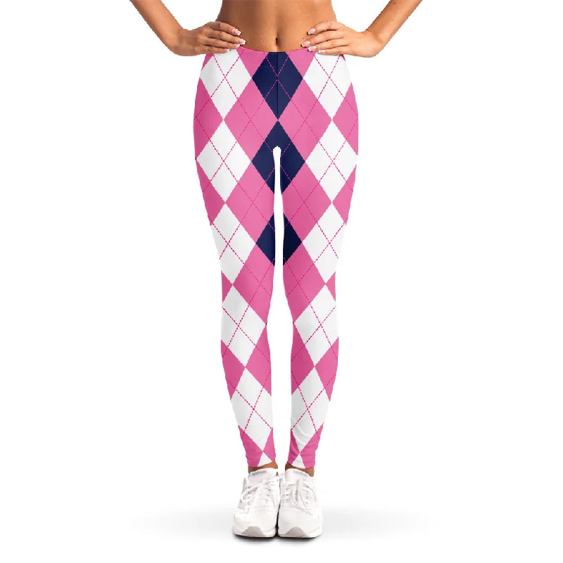 Pink Blue And White Argyle Pattern Print Women's Leggings Cozy Fashion Leggings