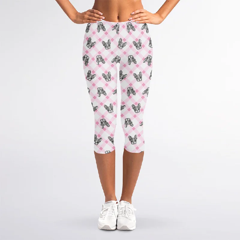 Pink Boston Terrier Plaid Print Women's Capri Leggings Fashionable Moisture-Wicking Leggings